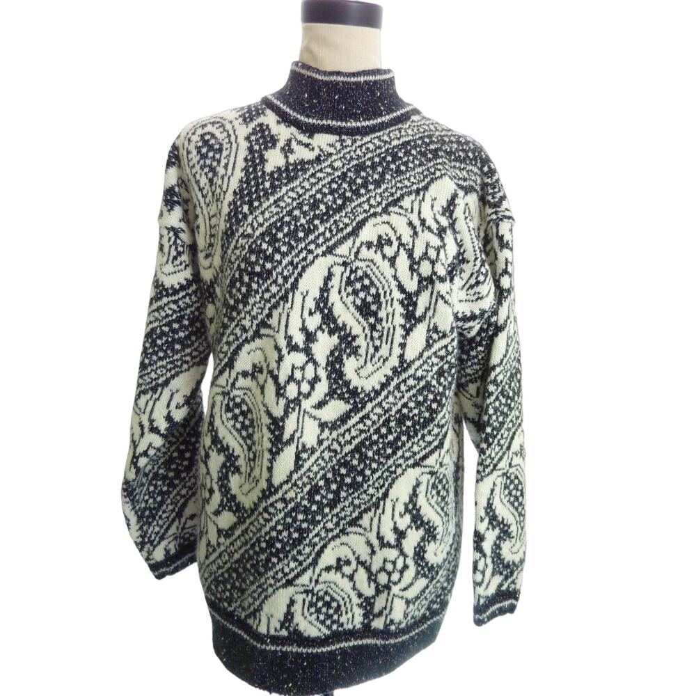 Vintage 80s 90s David Hollis Paisley Wool Blend Knit Sweater Womens M Mock Neck